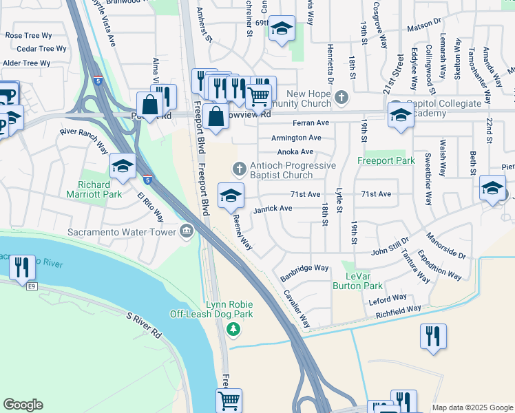 map of restaurants, bars, coffee shops, grocery stores, and more near 1497 Janrick Avenue in Sacramento