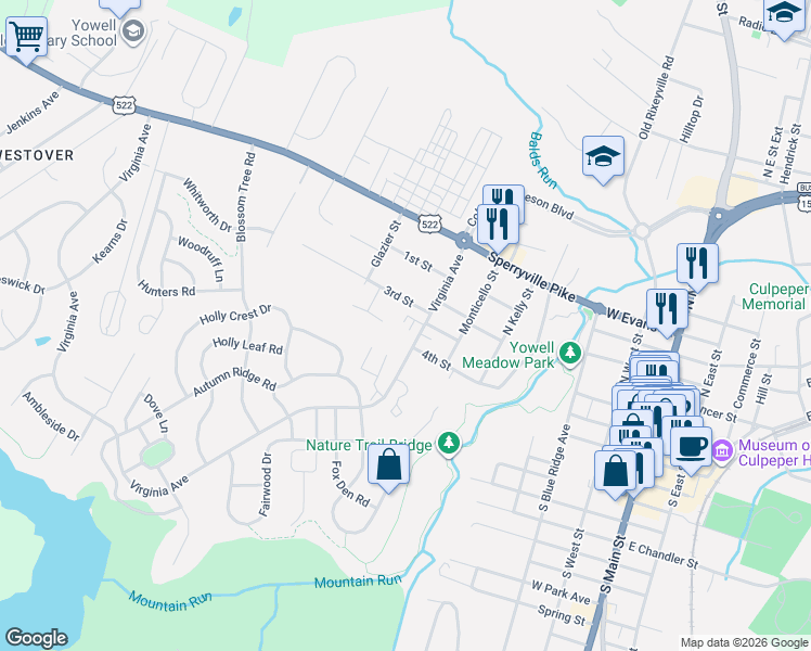 map of restaurants, bars, coffee shops, grocery stores, and more near 314 Dennison Court in Culpeper