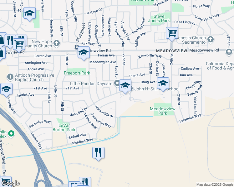 map of restaurants, bars, coffee shops, grocery stores, and more near 2182 John Still Drive in Sacramento