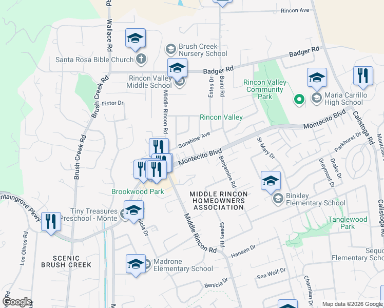 map of restaurants, bars, coffee shops, grocery stores, and more near 6600 Montecito Boulevard in Santa Rosa