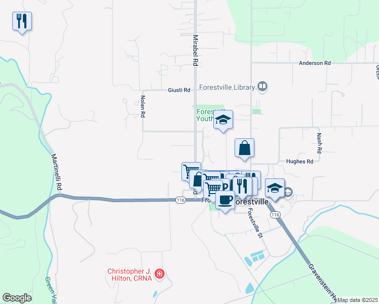 map of restaurants, bars, coffee shops, grocery stores, and more near 6950 Mirabel Road in Forestville