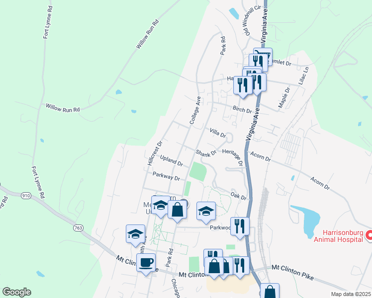 map of restaurants, bars, coffee shops, grocery stores, and more near 1538 College Avenue in Harrisonburg