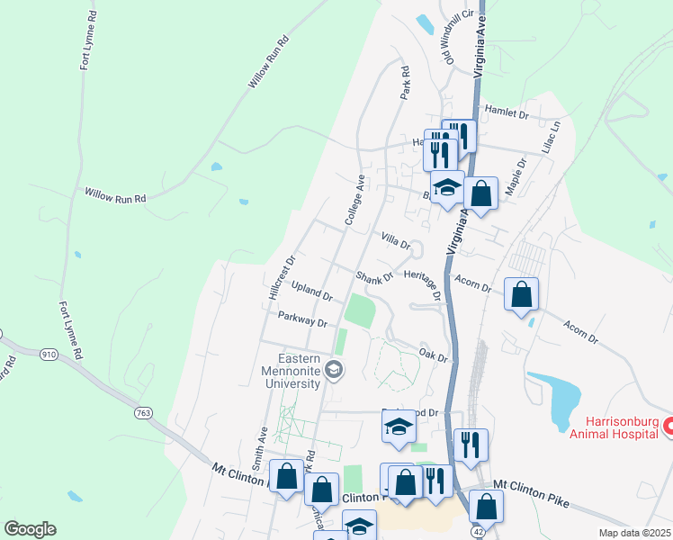 map of restaurants, bars, coffee shops, grocery stores, and more near 1538 College Avenue in Harrisonburg