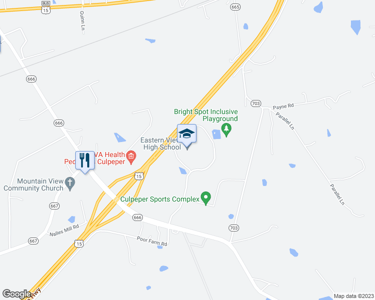 map of restaurants, bars, coffee shops, grocery stores, and more near 16332 Cyclone Way in Culpeper