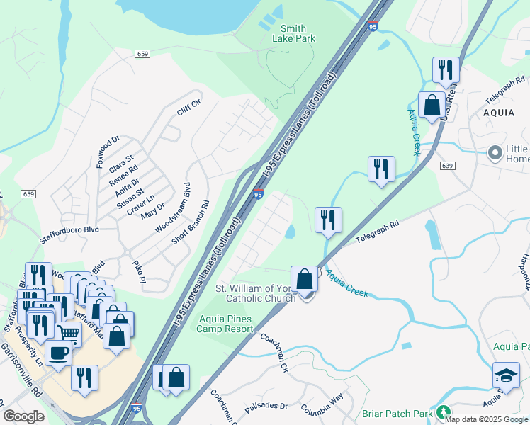 map of restaurants, bars, coffee shops, grocery stores, and more near 105 Clearwater Court in Stafford
