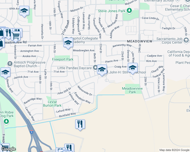 map of restaurants, bars, coffee shops, grocery stores, and more near 2200 John Still Drive in Sacramento