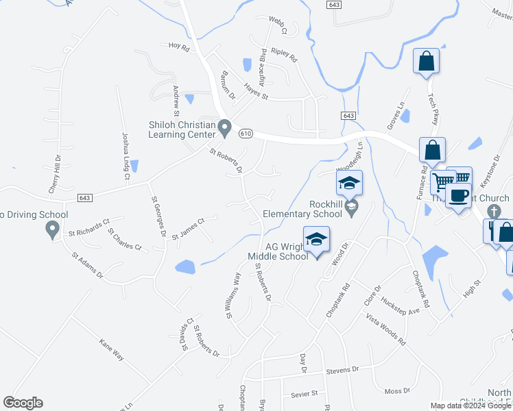 map of restaurants, bars, coffee shops, grocery stores, and more near 38 Saint Roberts Drive in Stafford