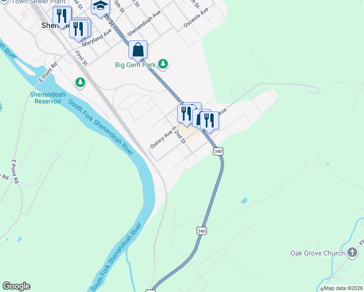 map of restaurants, bars, coffee shops, grocery stores, and more near 114 Quincy Avenue in Shenandoah