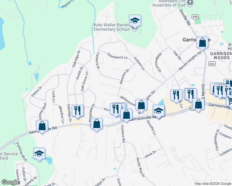 map of restaurants, bars, coffee shops, grocery stores, and more near 26 Whitestone Drive in Stafford