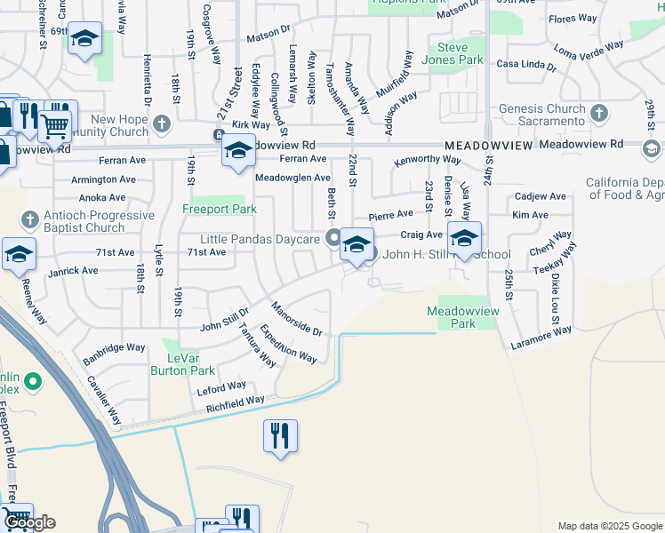map of restaurants, bars, coffee shops, grocery stores, and more near 2200 John Still Drive in Sacramento