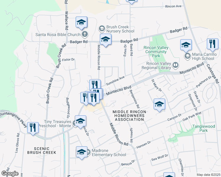 map of restaurants, bars, coffee shops, grocery stores, and more near 6653 Montecito Boulevard in Santa Rosa