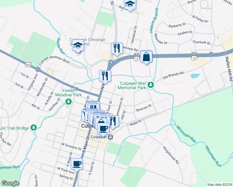 map of restaurants, bars, coffee shops, grocery stores, and more near 210 East Williams Street in Culpeper