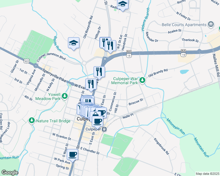 map of restaurants, bars, coffee shops, grocery stores, and more near 210 East Williams Street in Culpeper