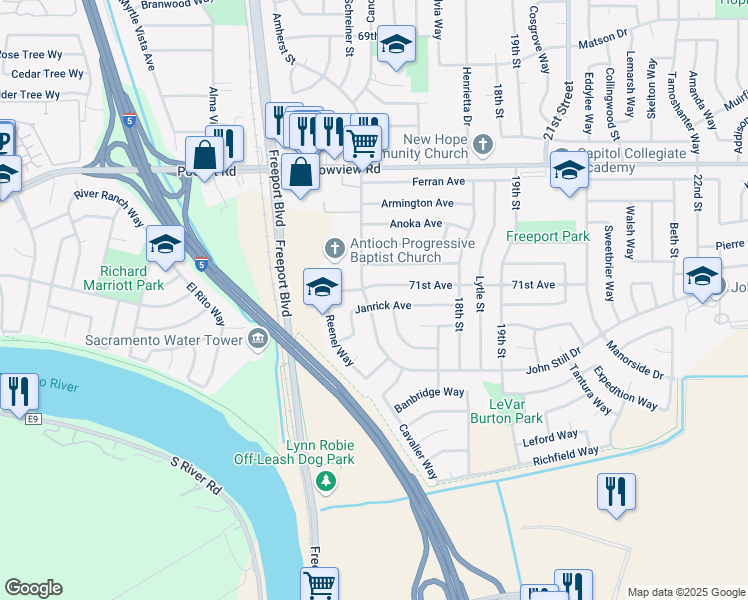 map of restaurants, bars, coffee shops, grocery stores, and more near 1501 Janrick Avenue in Sacramento