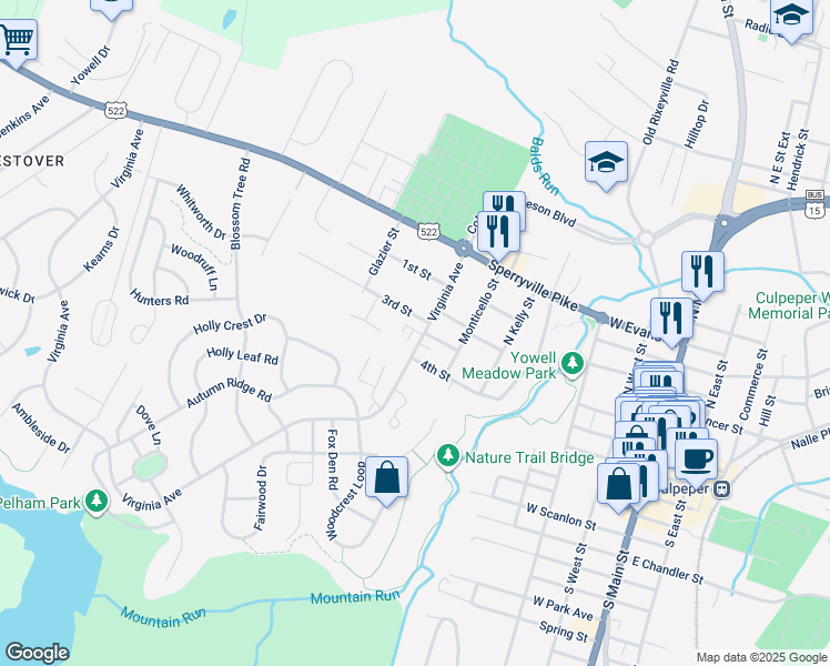 map of restaurants, bars, coffee shops, grocery stores, and more near 318 Dennison Court in Culpeper