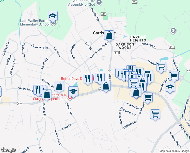 map of restaurants, bars, coffee shops, grocery stores, and more near 200 Surry Lane in Stafford
