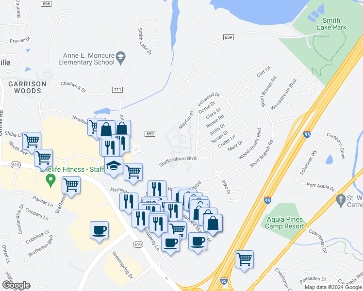 map of restaurants, bars, coffee shops, grocery stores, and more near 100 Picadilly Lane in Stafford