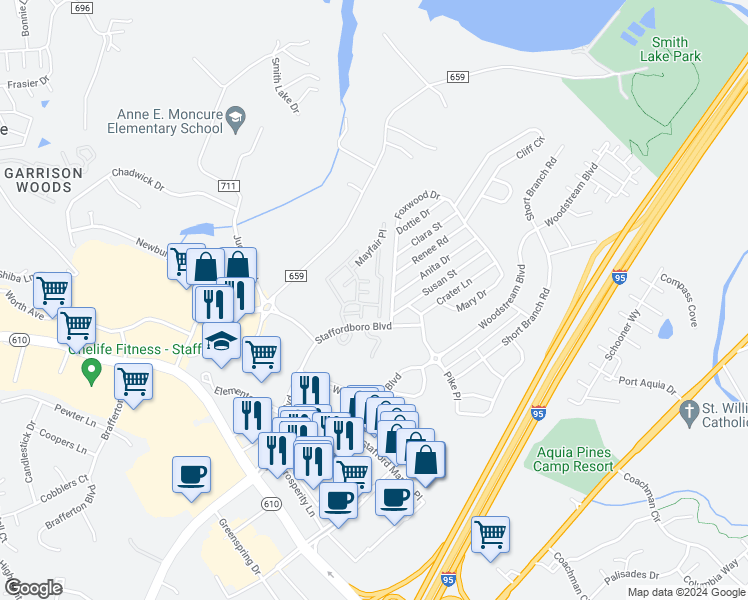 map of restaurants, bars, coffee shops, grocery stores, and more near 202 Grosvenor Lane in Stafford