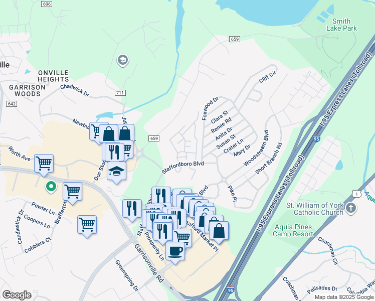 map of restaurants, bars, coffee shops, grocery stores, and more near 100 Picadilly Lane in Stafford