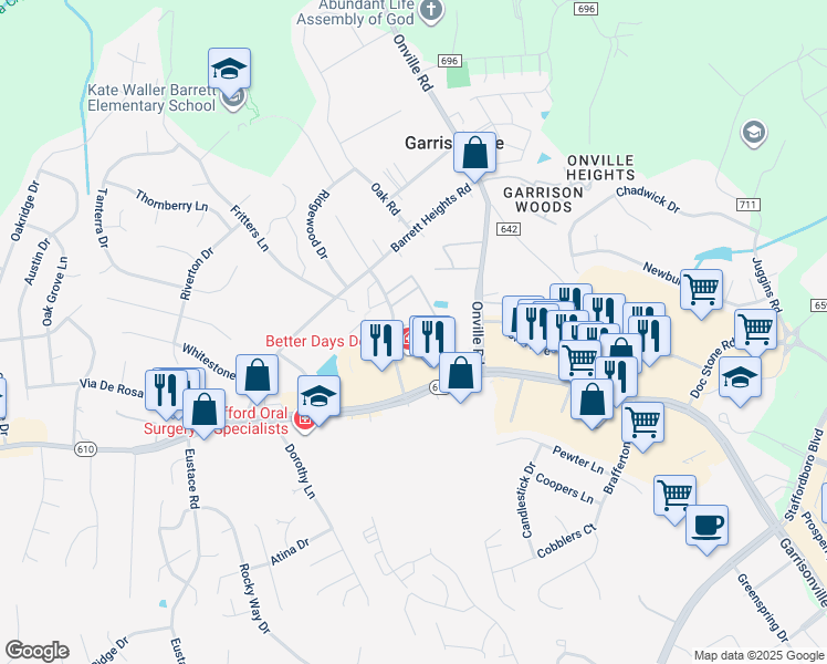 map of restaurants, bars, coffee shops, grocery stores, and more near 200 Surry Lane in Stafford