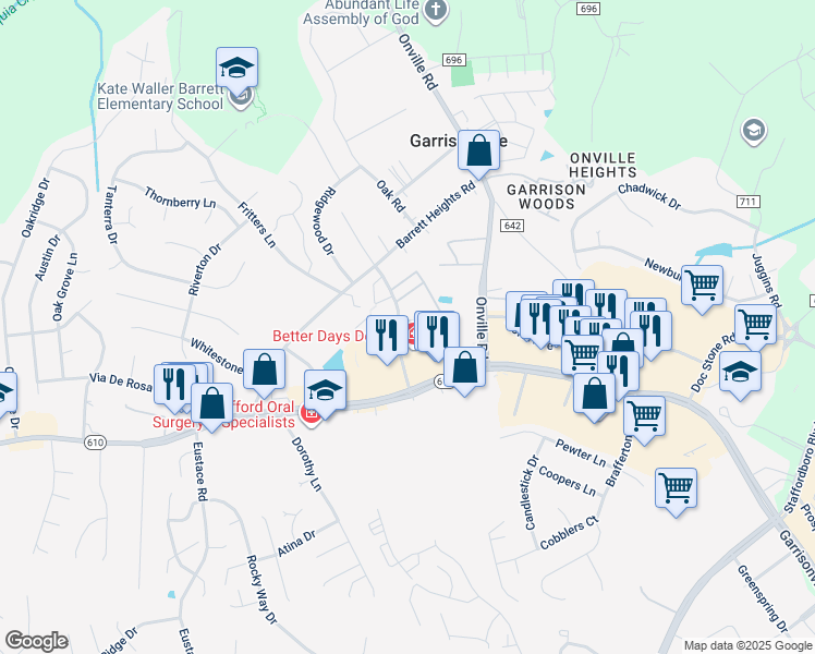 map of restaurants, bars, coffee shops, grocery stores, and more near 104 Surry Lane in Stafford