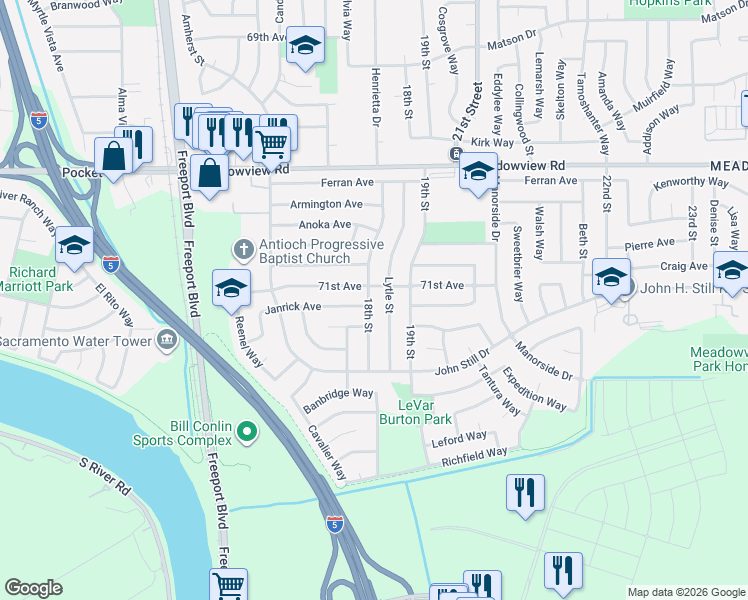 map of restaurants, bars, coffee shops, grocery stores, and more near 7715 18th Street in Sacramento