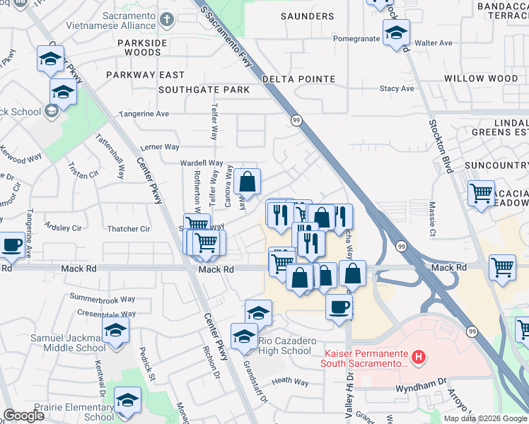 map of restaurants, bars, coffee shops, grocery stores, and more near 5940 Seyferth Way in Sacramento