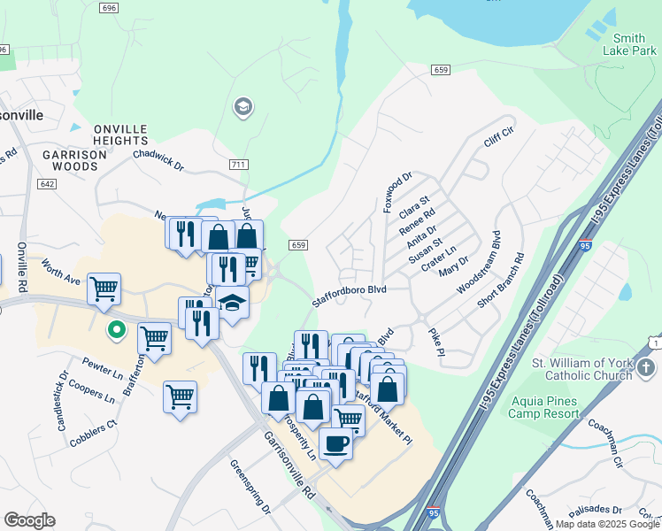 map of restaurants, bars, coffee shops, grocery stores, and more near 109 Westminster Lane in Stafford