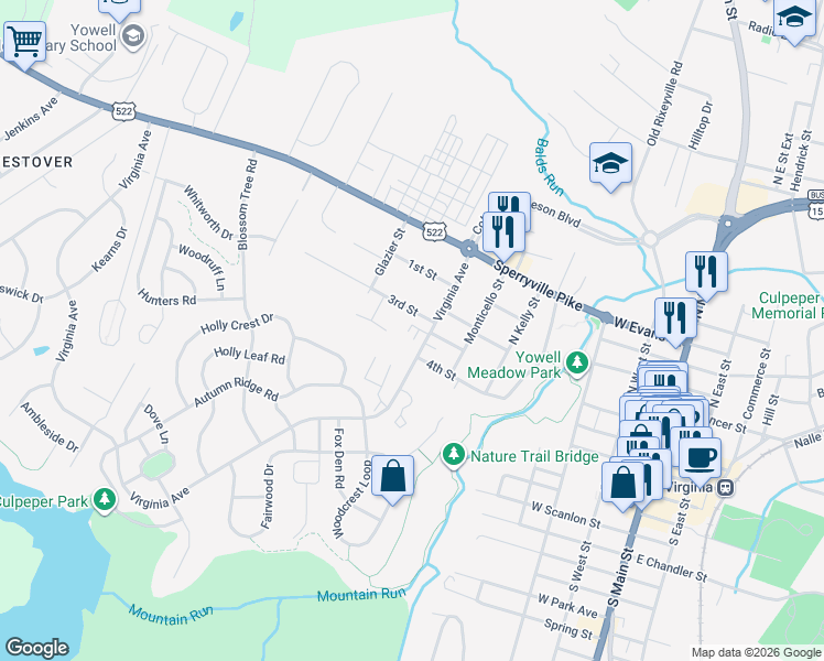 map of restaurants, bars, coffee shops, grocery stores, and more near 314 Dennison Court in Culpeper