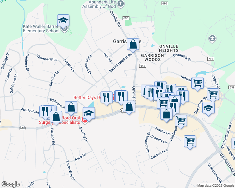 map of restaurants, bars, coffee shops, grocery stores, and more near 208 Surry Lane in Stafford