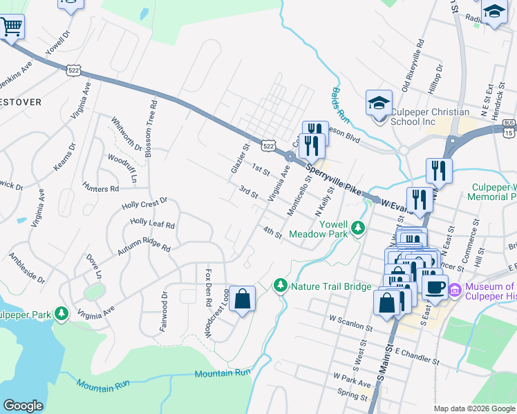 map of restaurants, bars, coffee shops, grocery stores, and more near 310 Bailey Run Lane in Culpeper