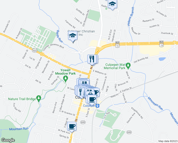 map of restaurants, bars, coffee shops, grocery stores, and more near 606 North Main Street in Culpeper