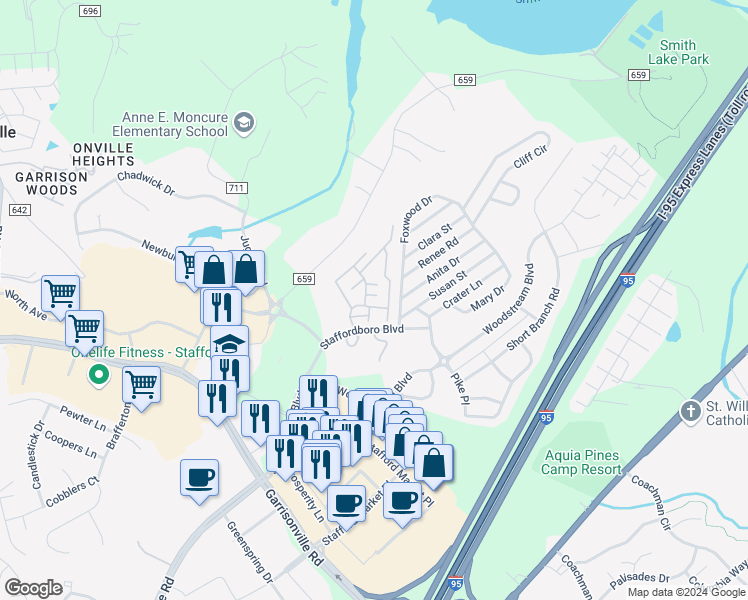 map of restaurants, bars, coffee shops, grocery stores, and more near 102 Piccadilly Lane in Stafford