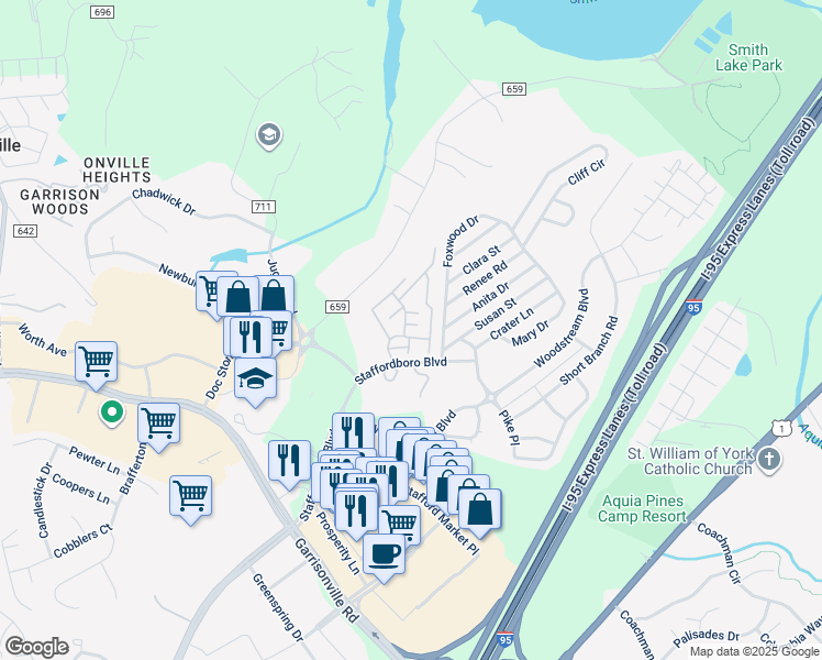 map of restaurants, bars, coffee shops, grocery stores, and more near 100 Piccadilly Lane in Stafford