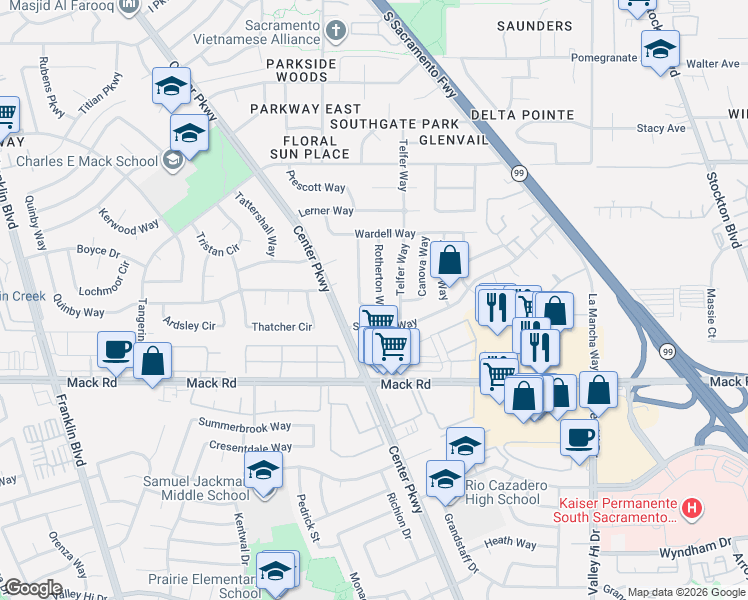 map of restaurants, bars, coffee shops, grocery stores, and more near 7728 Millroy Way in Sacramento
