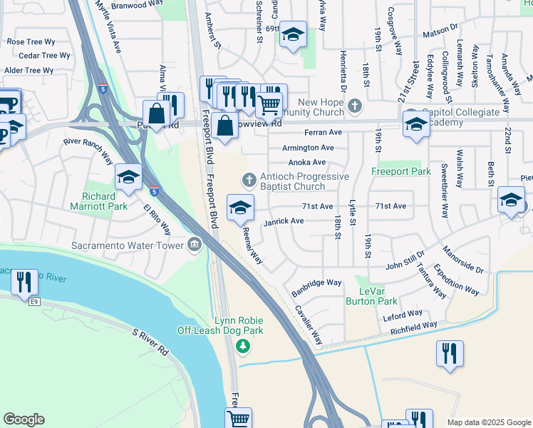 map of restaurants, bars, coffee shops, grocery stores, and more near 1478 Janrick Avenue in Sacramento