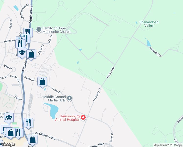 map of restaurants, bars, coffee shops, grocery stores, and more near Friendship Drive in Harrisonburg
