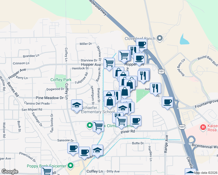 map of restaurants, bars, coffee shops, grocery stores, and more near 3343 Industrial Drive in Santa Rosa
