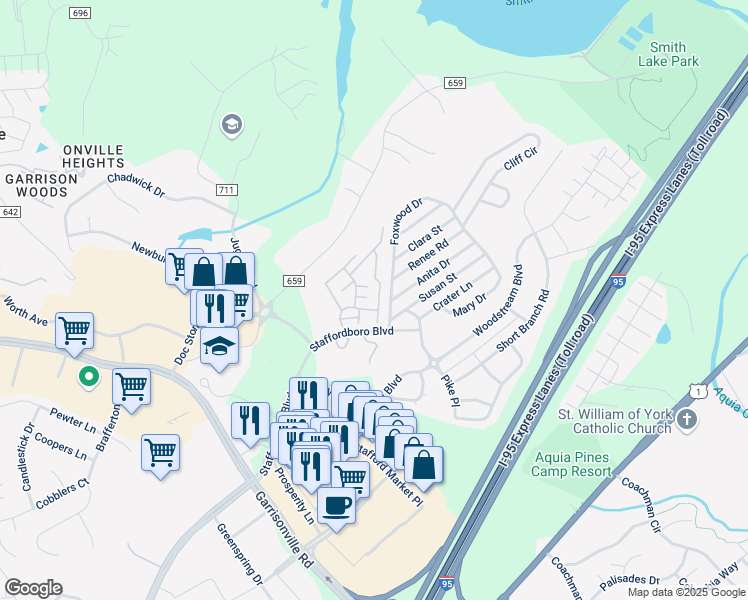 map of restaurants, bars, coffee shops, grocery stores, and more near 200 Grosvenor Lane in Stafford