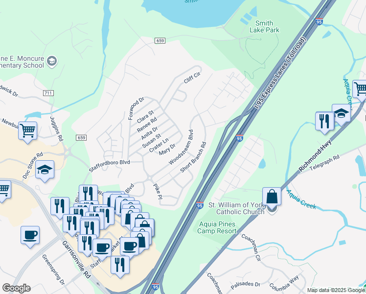 map of restaurants, bars, coffee shops, grocery stores, and more near 211 Woodstream Boulevard in Stafford