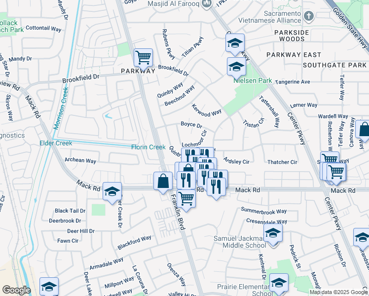 map of restaurants, bars, coffee shops, grocery stores, and more near 48 Lochmoor Circle in Sacramento