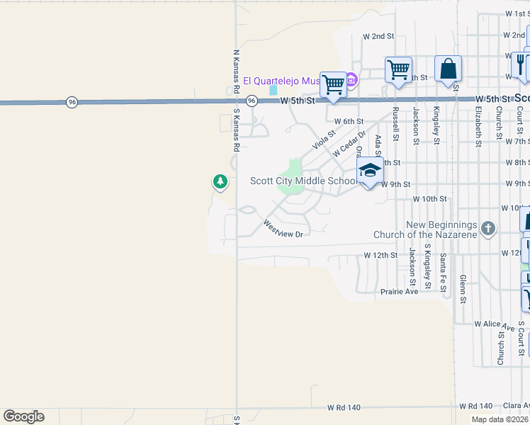 map of restaurants, bars, coffee shops, grocery stores, and more near 108 Westview Drive in Scott City