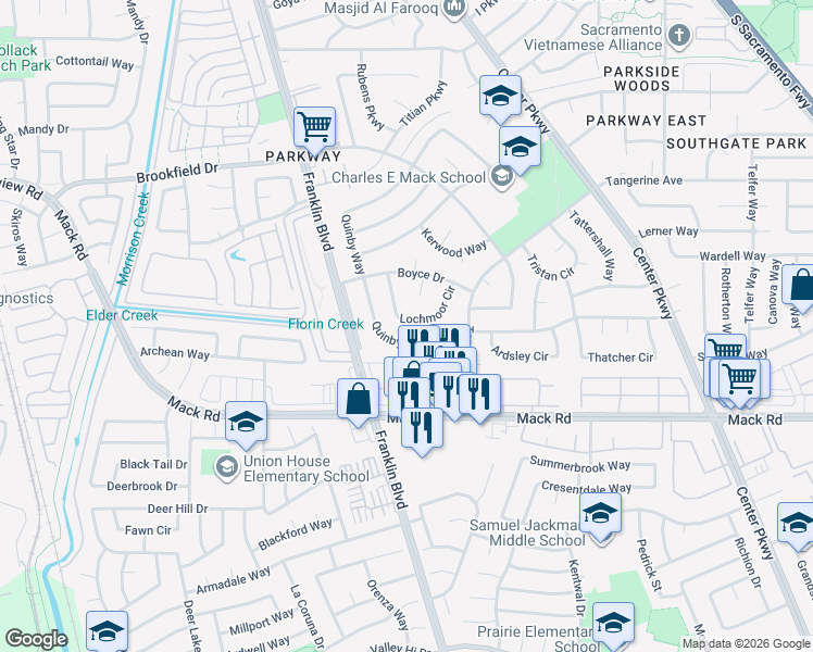 map of restaurants, bars, coffee shops, grocery stores, and more near 7734 Quinby Way in Sacramento