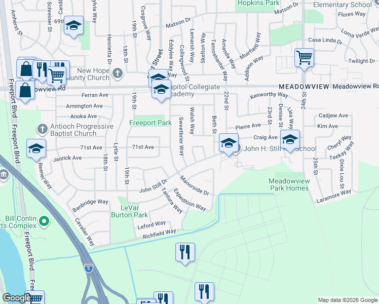 map of restaurants, bars, coffee shops, grocery stores, and more near 111 Hemford Circle in Sacramento