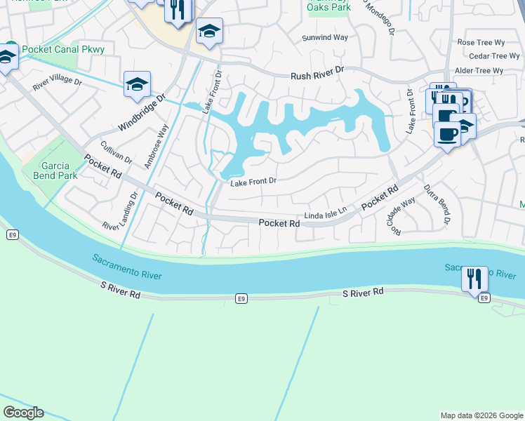 map of restaurants, bars, coffee shops, grocery stores, and more near 2 Rivershore Court in Sacramento