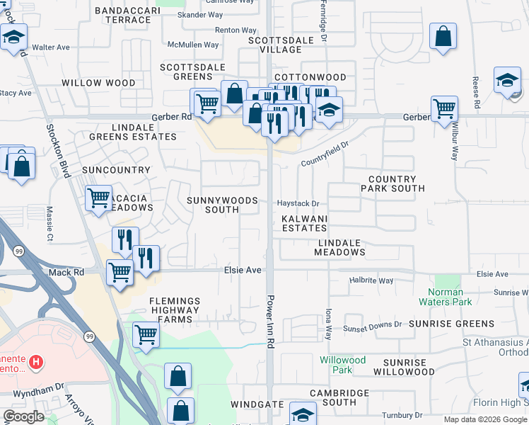 map of restaurants, bars, coffee shops, grocery stores, and more near 7741 Power Inn Road in Sacramento