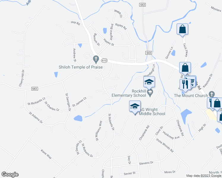 map of restaurants, bars, coffee shops, grocery stores, and more near 8 Saint Johns Court in Stafford