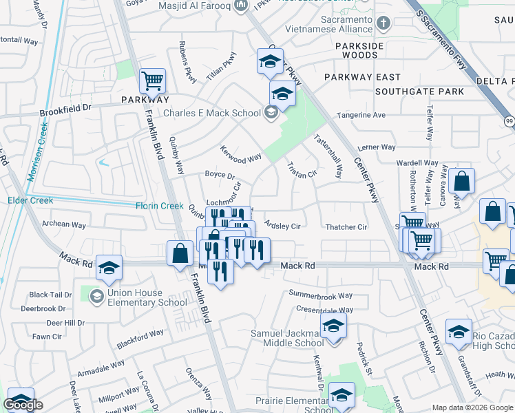 map of restaurants, bars, coffee shops, grocery stores, and more near 6 Ardsley Circle in Sacramento