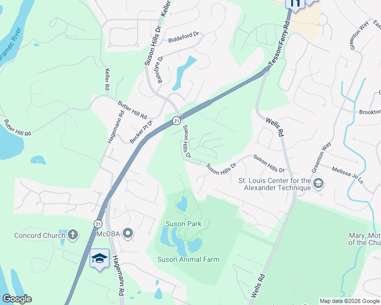 map of restaurants, bars, coffee shops, grocery stores, and more near 5265 Suson Hills Drive in St. Louis