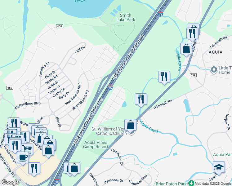 map of restaurants, bars, coffee shops, grocery stores, and more near 102 Clearwater Court in Stafford
